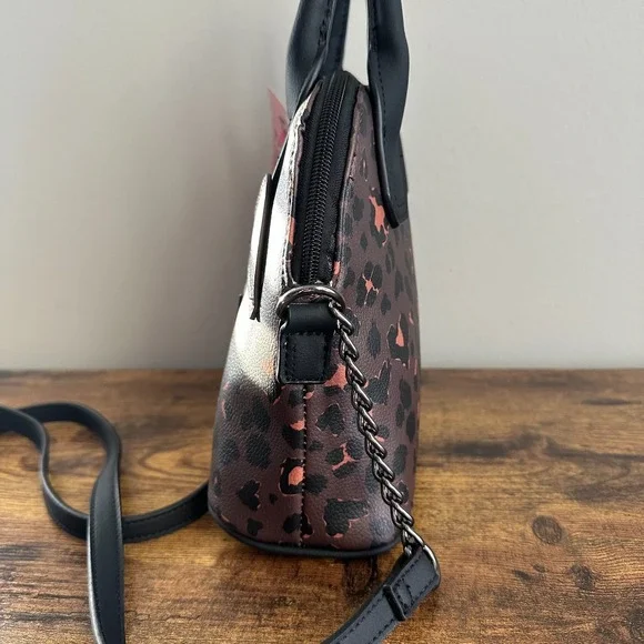 New Betsey Johnson Leopard Brown Satchel Crossbody Handbag Cat Face Black - Picture 2 of 4